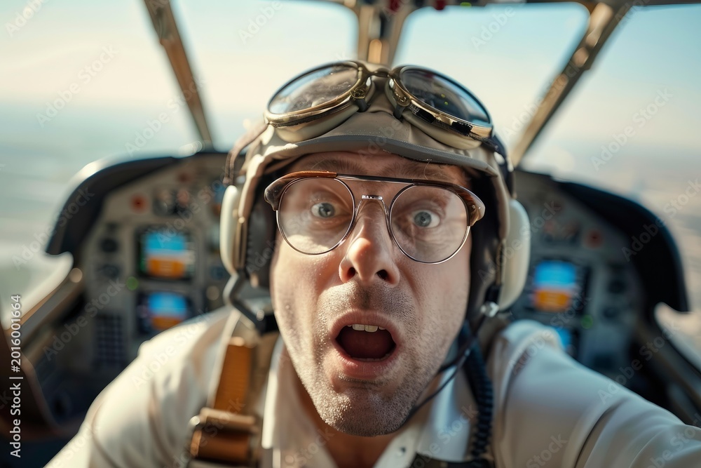 Fototapeta premium Shocked pilot wearing helmet and goggles making selfie while flying inside cockpit of private plane