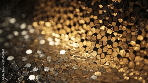 Shimmering hexagonal mosaic with golden and silver highlights