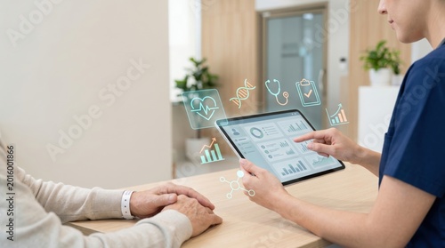 Future healthcare technology tablet consultation with holographic medical data digital health records smart medical charting interactive doctor visit telemedicine concept