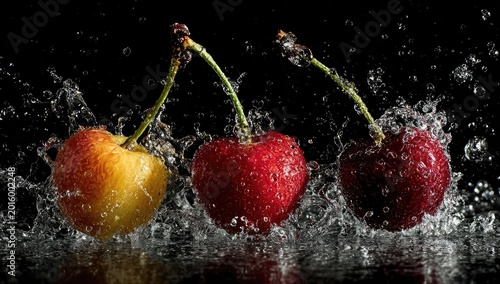 Three ripe cherries cascade through splashing water against black