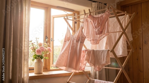 Delicate pink lingerie hanging on wooden drying rack by sunlit window. Womens nightgown panties bras and sheets with vase of roses. Cozy domestic laundry concept in rustic interior