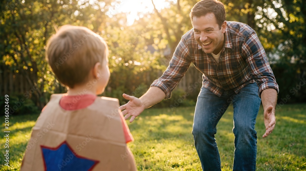 Fototapeta premium Father and son reaching out hands in sunny backyard. Boy in homemade cardboard superhero costume with cape. Family bonding and childhood imagination during outdoor play