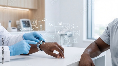 Doctor wearing blue gloves checking a patient smartwatch health monitoring data holographic interface medical technology wearable device diagnostic icons heart rate dna graph
