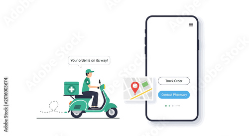 Pharmacy Delivery Service: Scooter courier with medical cross logo, tracking app on smartphone