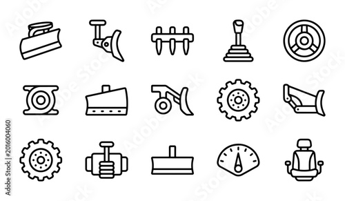 Tableau sur toile Tractor Parts Icons Set: Agricultural Machinery Components, Vehicle Mechanics, F