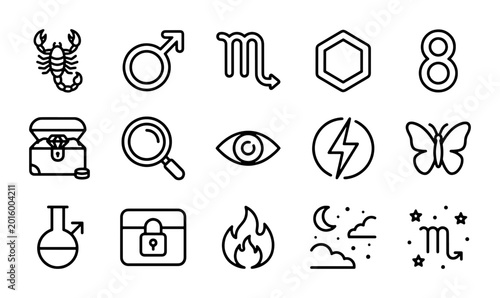 Schilderij op canvas Mystical Zodiac Icons Set: Scorpio, Astrology Symbols, Magic Elements, Vector Gr