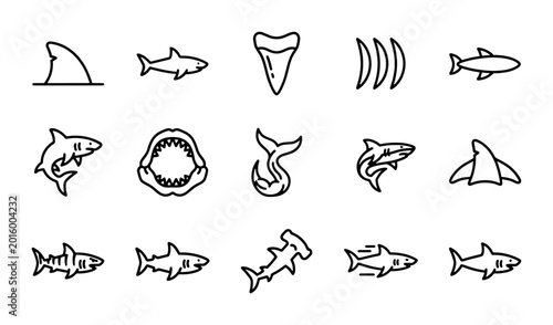 Foto Shark Icons Set, Ocean Wildlife Vector Graphics, Marine Animal Silhouettes, Unde