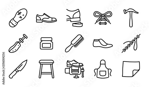 Schilderij op canvas Shoe Repair Icons, Cobbler Tools Vector Set, Craftsmanship & Maintenance Graphic