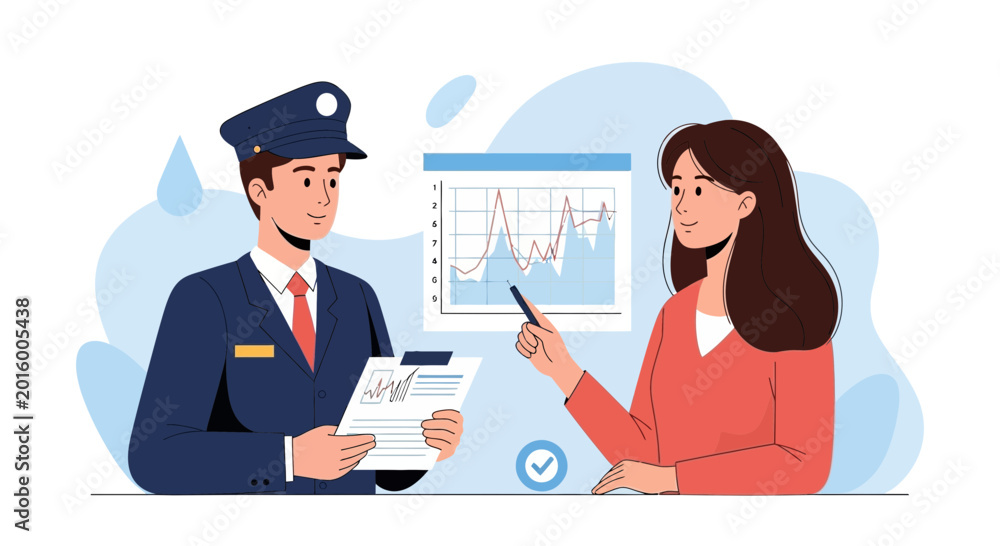 Fototapeta premium Officer Reviews Business Data with Woman, Chart Analysis, Decision Making