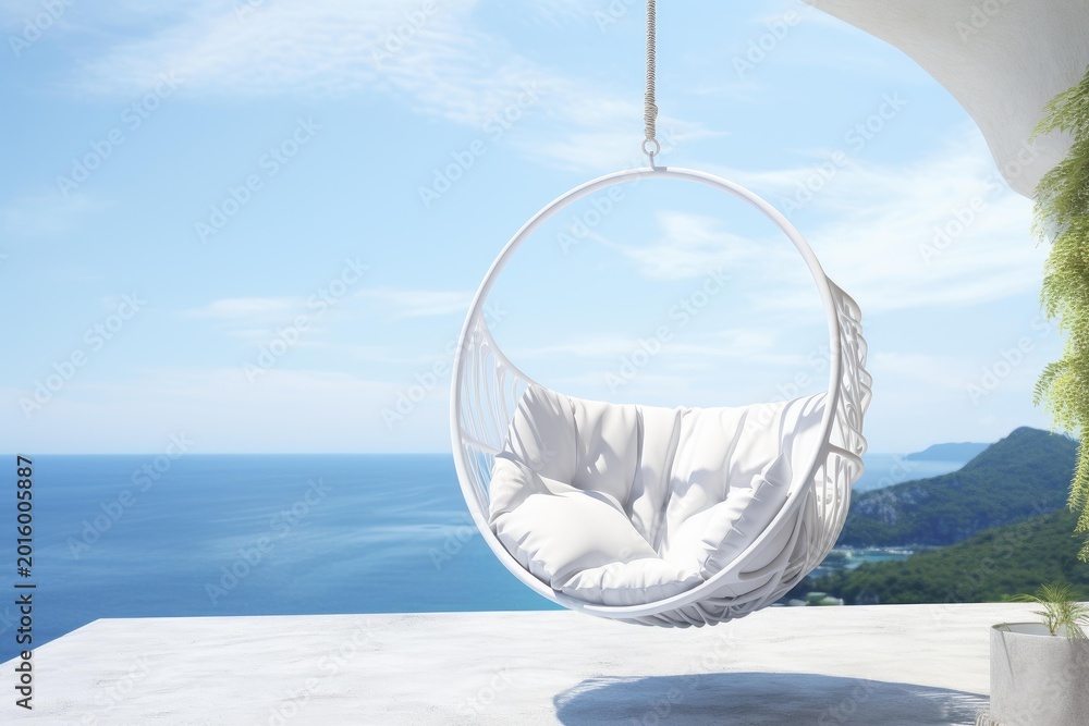 Fototapeta premium White hanging chair with cushion on a modern terrace overlooking a tropical sea landscape