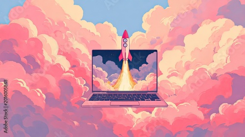 Digital rocket launch from laptop screen ascends through pink clouds