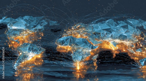 Global network connections illuminated across a polygonal earth
