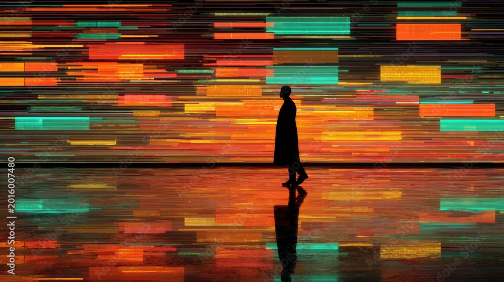 Fototapeta premium Silhouette walks on reflective floor amidst vibrant, abstract light streaks