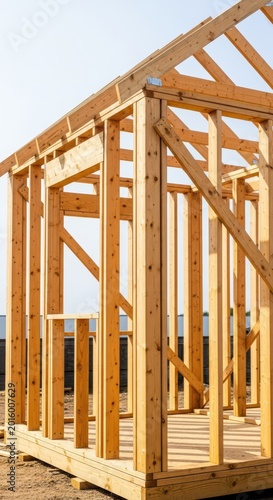 Newly constructed wooden shed framework visible outdoors on a bright day, emphasizing the studs, beams, and rough carpentry, sunny, material, home improvement