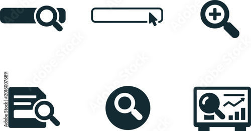Search engine and data analysis glyph vector icon collection