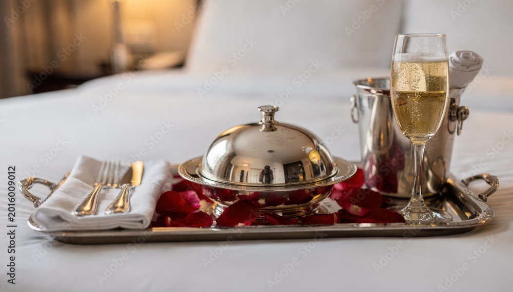 Fototapeta premium Special occasion room service tray elegantly arranged with a clochecovered dish rose petals and sparkling wine main objects sharply in focus rest artistically blurred