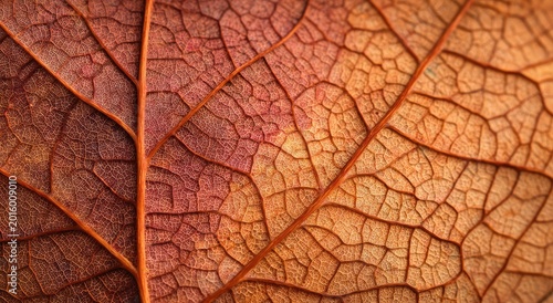 Macro view of intricate autumnal leaf veins in warm orange and red tones
