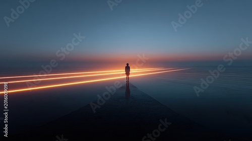 Lone Silhouette Walking Towards Bright Light Trails on Reflective Surface at Dusk.