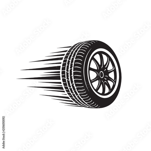 Vászonkép Fast car tire with speed lines vector illustration, black and white racing wheel