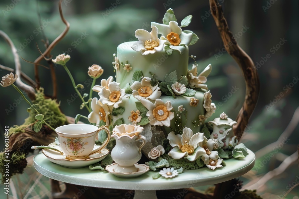 Fototapeta premium Tasty cake decorated with beautiful flowers standing on a table with a tea set and teapot in a forest setting