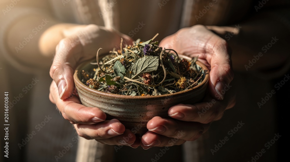 © JT Studio - Hands holding a rustic bowl filled with dried herbs, showcasing natural textures and earthy tones in soft lighting. © JT Studio - Hands holding a rustic bowl filled with dried herbs, showcasing natural textures and earthy tones in soft lighting.