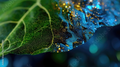 Green leaf morphs into glowing blue and gold circuitry, digital nature