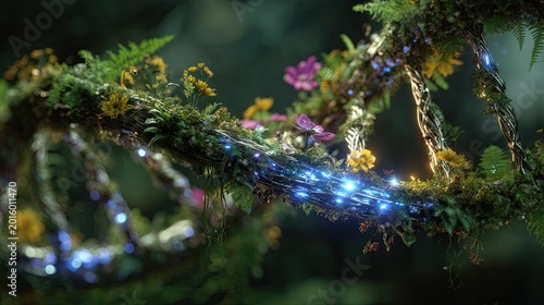 Organic DNA helix intertwined with vibrant forest flora, illuminated by soft light