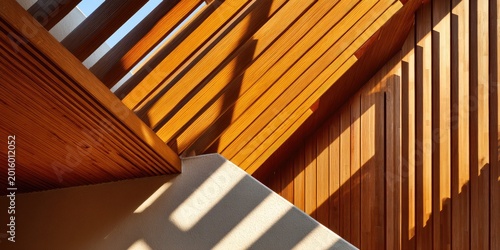 Angular wooden architectural elements bathed in warm, patterned sunlight