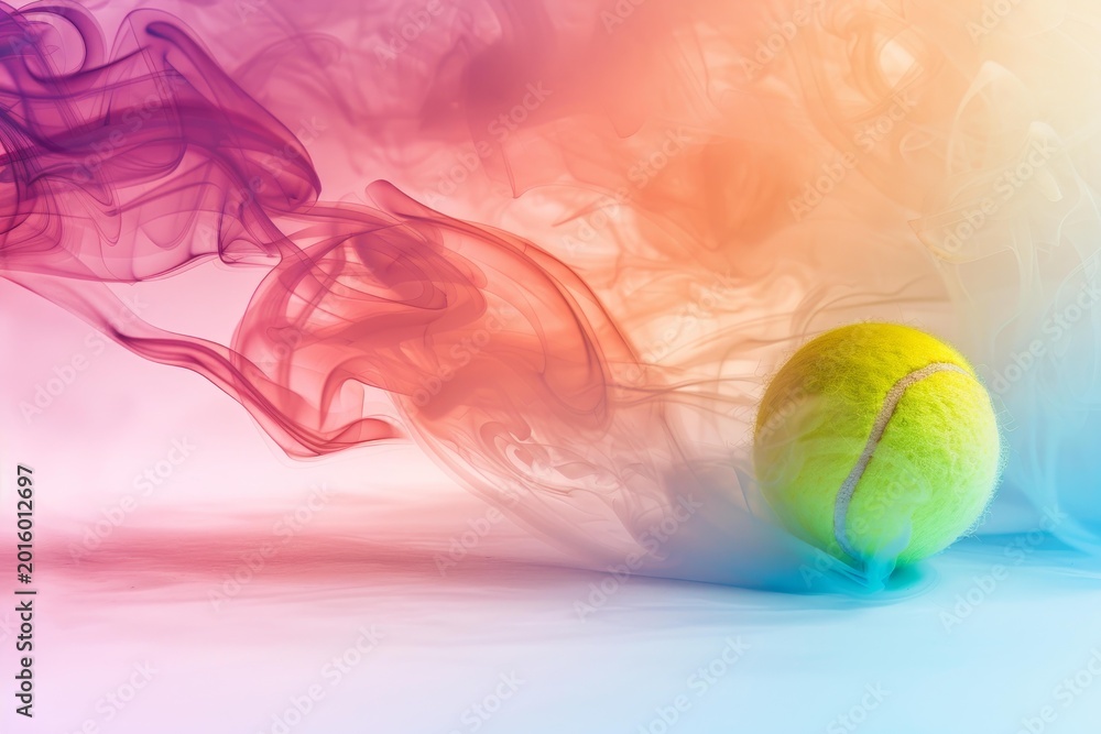 Obraz premium Yellow tennis ball surrounded by colorful smoke creating a vibrant and dynamic atmosphere