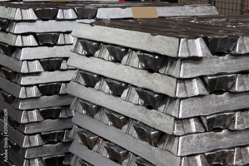 Stack of raw aluminium ingots in aluminium profiles factory
