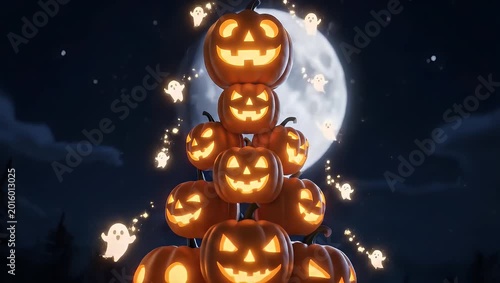 Halloween Pumpkins Stacked with Glowing Faces.