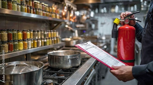 Restaurant kitchen inspection with fire extinguisher and checklist