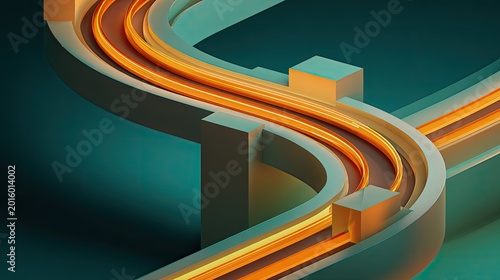 Abstract geometric path with glowing orange streams and teal background
