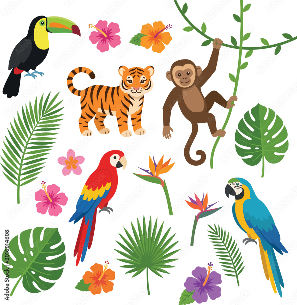 Fototapeta premium tropical jungle animal vector set with tiger monkey toucan parrot exotic flowers palm leaves and monstera greenery
