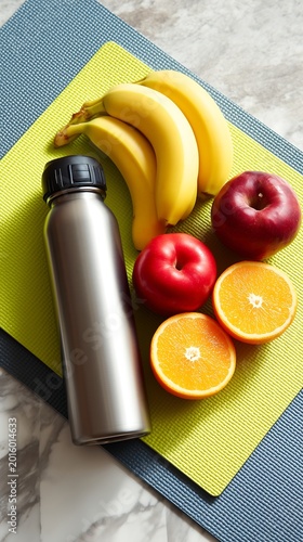 Fitness Nutrition Background with Bananas, Apples, Oranges and Reusable Stainless Steel Water Bottle Healthy Lifestyle Concept