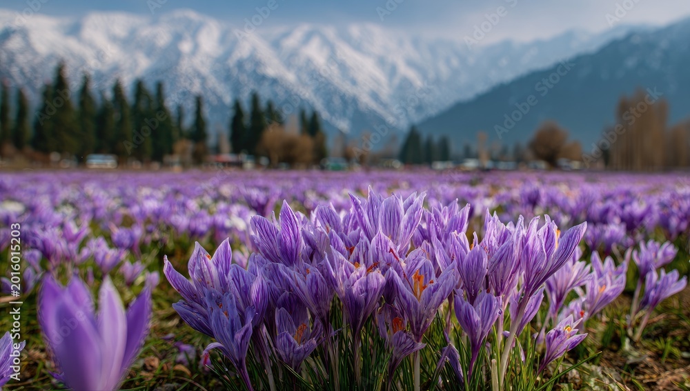 Naklejka premium A vibrant field of purple crocuses blooming with snow-capped mountains afar