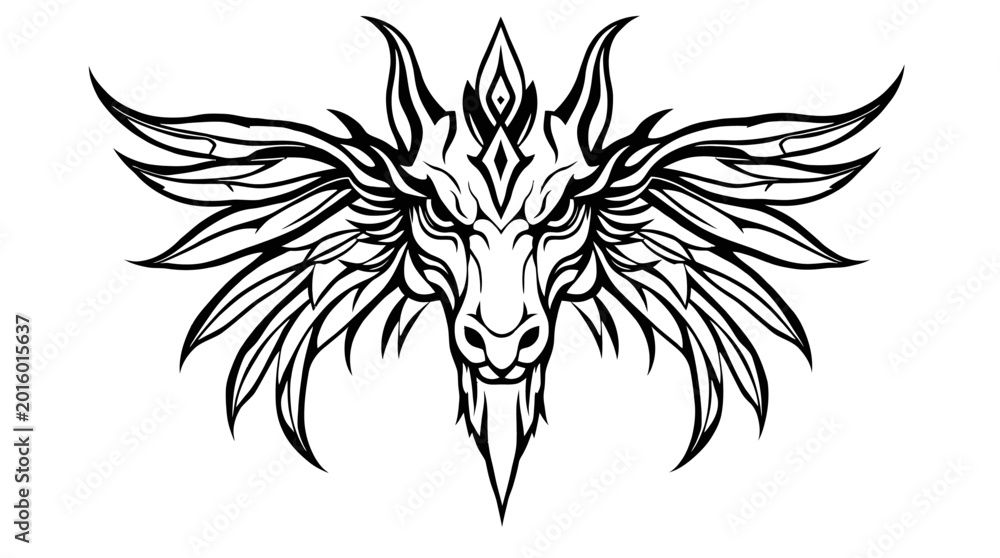 Obraz premium Dragon with Wings Tattoo Style Line Art Illustration