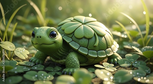 Green turtle on green leaves.