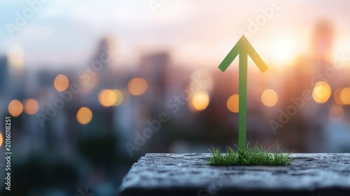 Energy stock growth Green arrow pointing up on a chart of energy company profits, blurred city skyline in the background, represents the increasing demand for energy