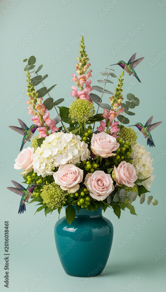 Obraz premium A vibrant teal vase holds a lush bouquet of pink roses, white hydrangeas, and snapdragons, with hummingbirds flitting around, symbolizing nature's delicate beauty and grace