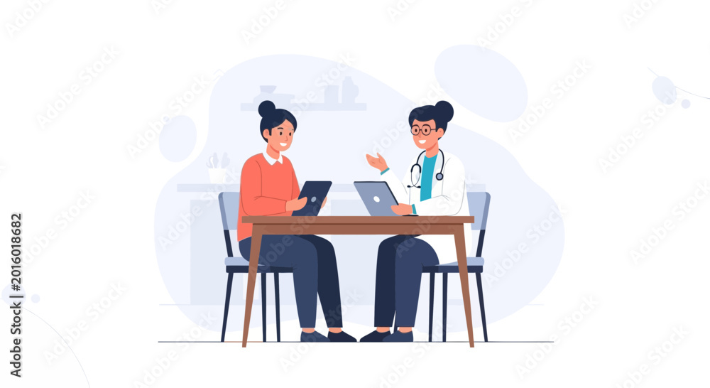 Fototapeta premium Doctor consulting patient with tablet, medical examination, healthcare illustration
