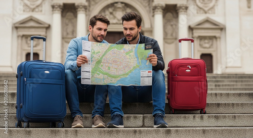 Two men with luggage consult a city map, symbolizing travel planning and exploration in an urban setting