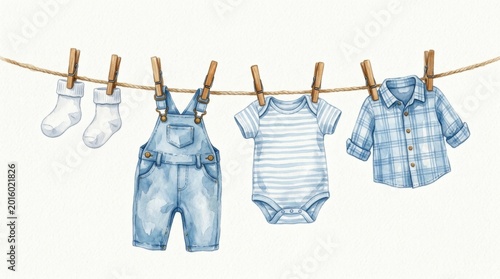 Watercolor baby clothes hanging on clothesline illustration for nursery decor