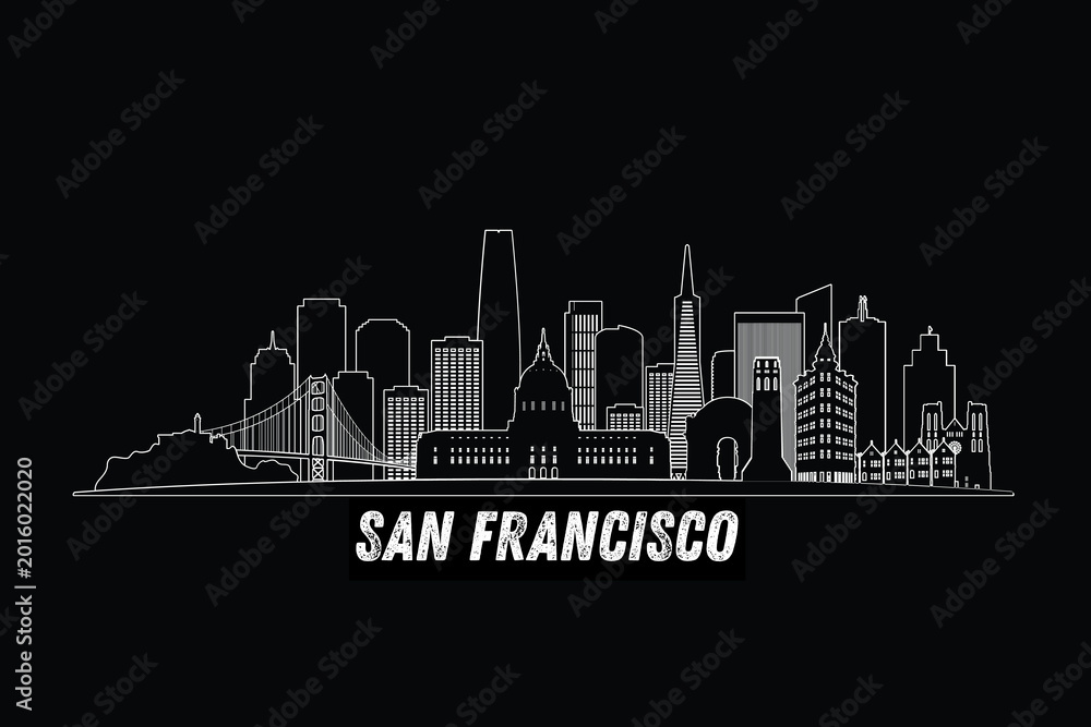 Fototapeta premium Minimal San Francisco, California, USA skyline line art with iconic landmarks and modern architecture isolated on black background illustration.