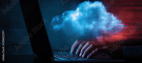 Hands typing on a laptop with a luminous digital cloud and binary code background