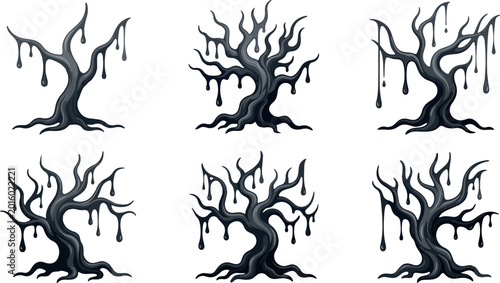 Bild auf Leinwand Dark melted trees set with dripping liquid effect for creepy halloween forest scenery and horror decoration