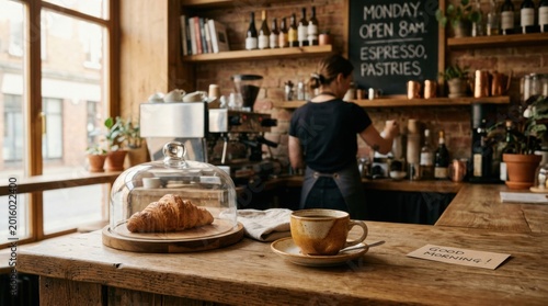 monday morning pictures inside a neighborhood cafe with croissant under glass cloche, ceramic coffee cup, wooden counter, barista preparing drinks, chalkboard note, warm sunrise and local bistro mood