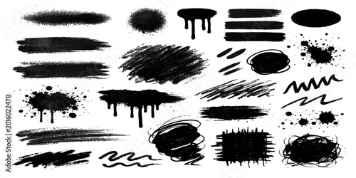 Tableau sur toile Set of black ink splashes and grunge stains featuring vector paint drips and urb