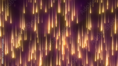 Tableau sur toile Glowing golden vertical light streaks descend across a soft purple background in