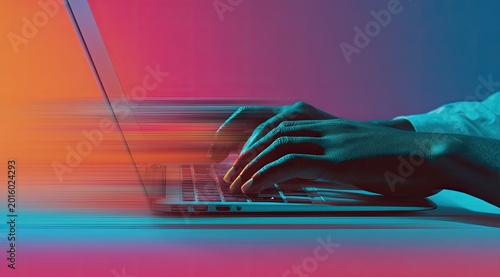 Fast typing on a laptop, motion blur, vibrant digital art